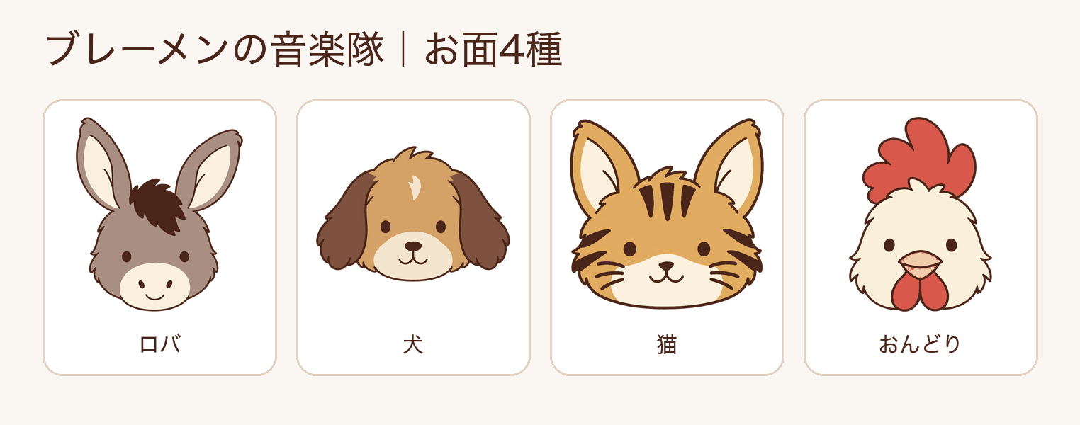 ロバ、犬、猫、おんどりのブレーメンのお面4種