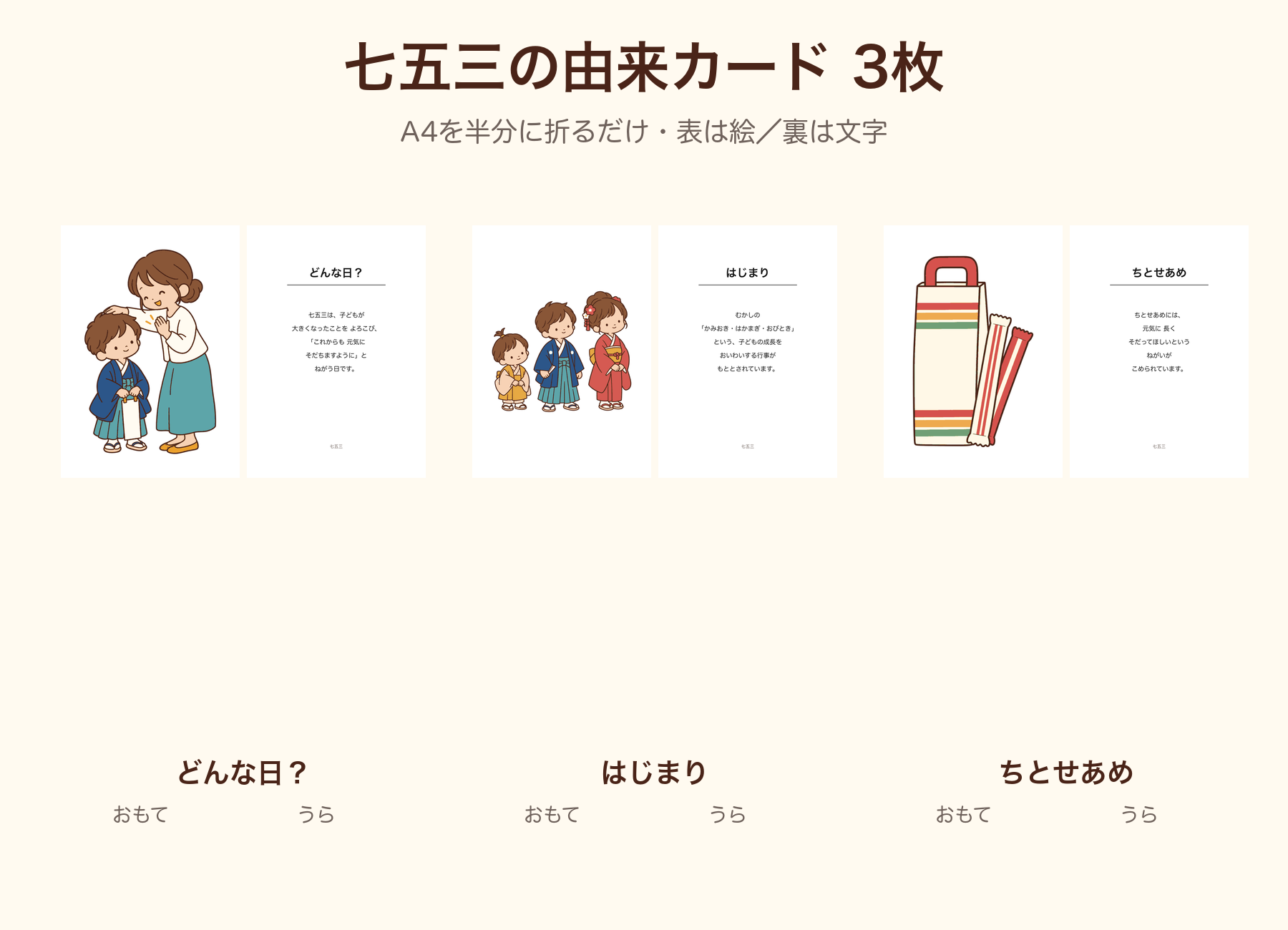 成長を喜ぶ親子、昔の成長祝いを表す3人の子ども、千歳飴の絵と説明を組み合わせた折るだけカード3枚の見本