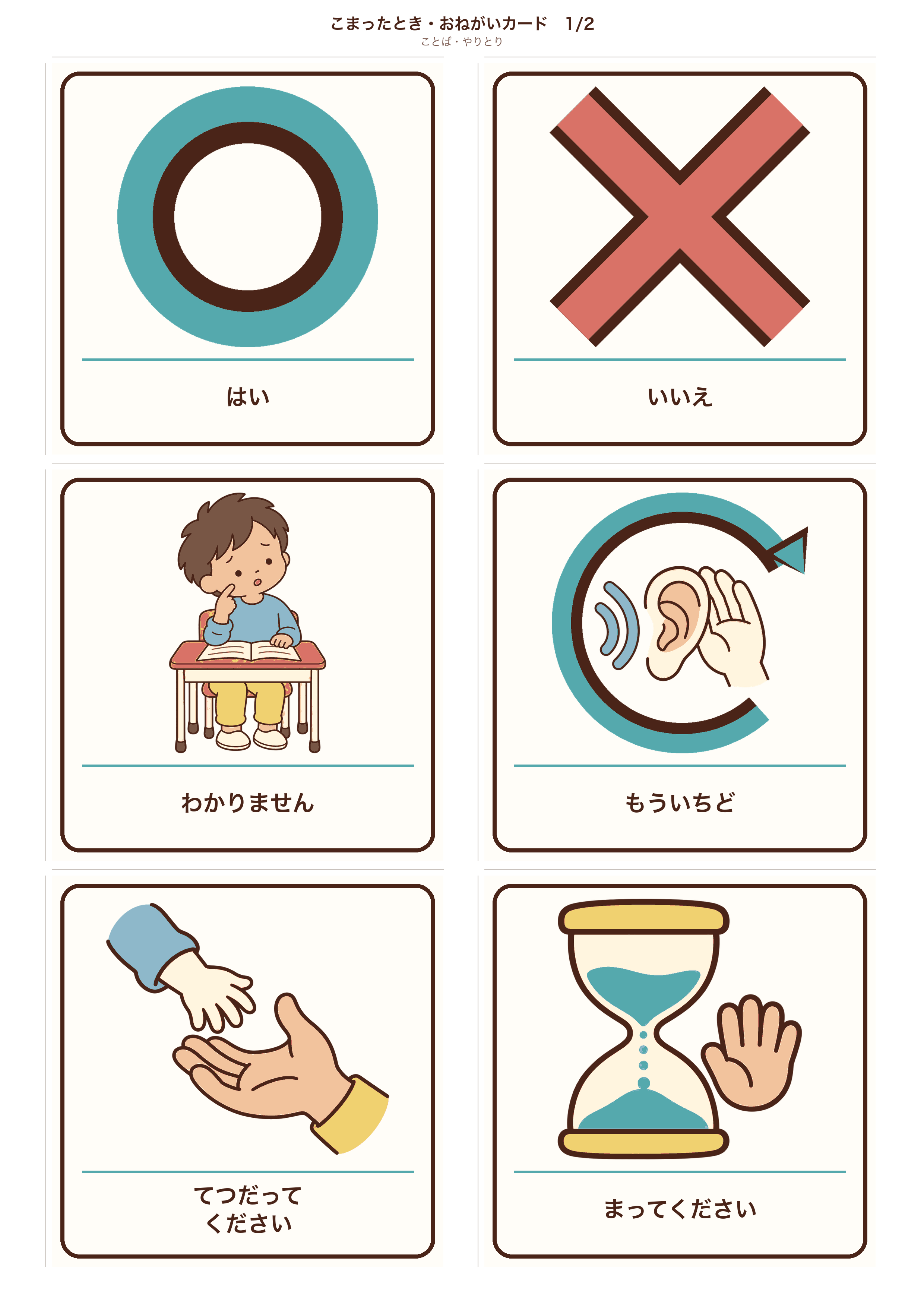 カード 1枚目（はい・いいえ・わかりません・もういちど・てつだって・まって）のA4印刷画像