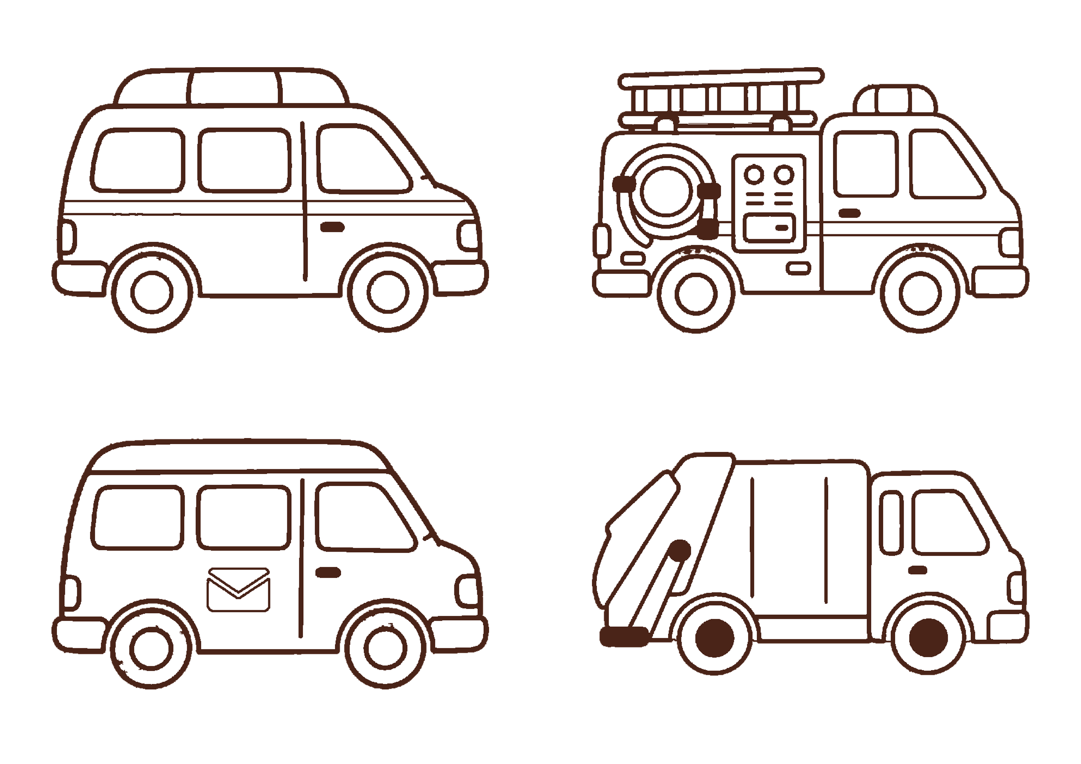 働く車1 ぬりえ4台のA4印刷画像