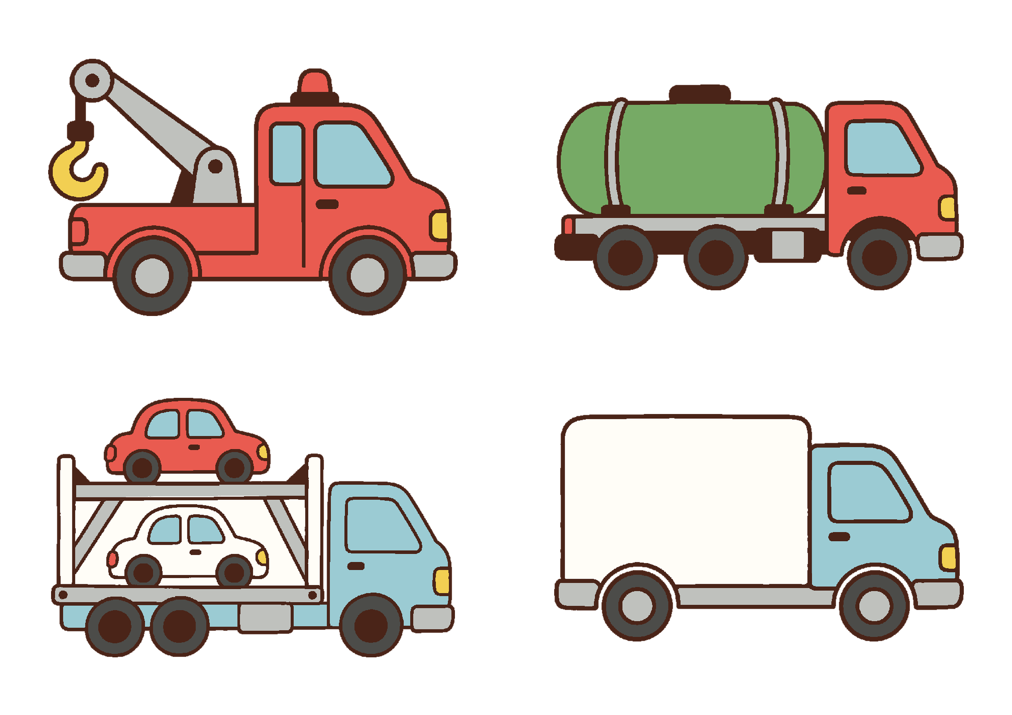 レッカー車、タンクローリー、キャリアカー、トラックを収録した働く車3のカラーとぬりえ見本