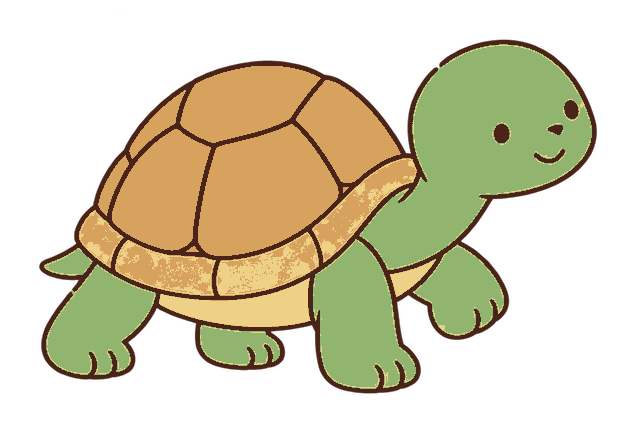 右へゆっくり歩く緑色のカメ