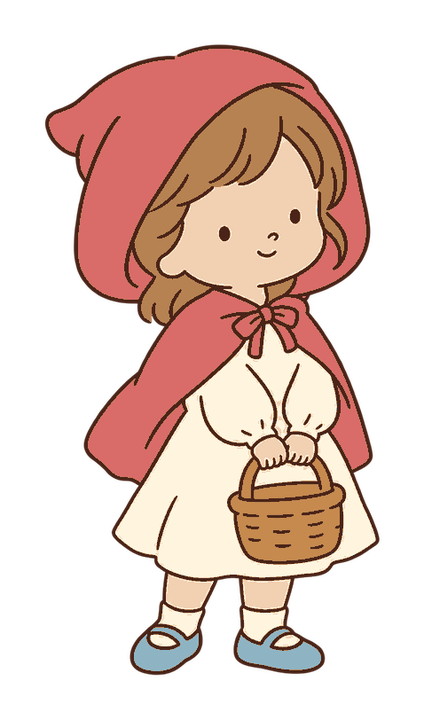 赤いフード付きケープを着てかごを持つ子ども