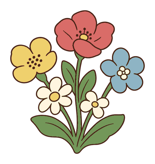 赤・黄・青・白の森の花のまとまり
